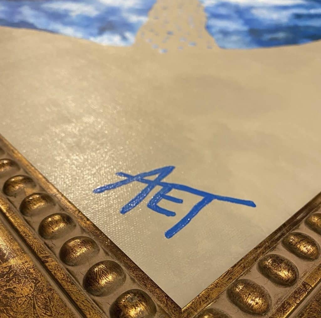 Artwork by Anne painting signature on a custom piece frames
